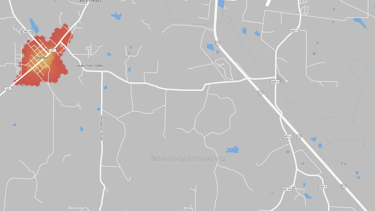 Walk Grade map of DeSmet, MO, walkable areas in green and car-dependent areas in red
