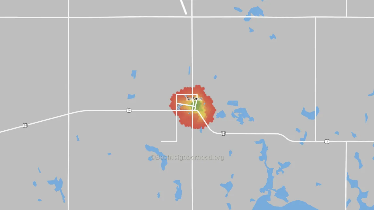 Walk Grade map of DeSmet, SD, walkable areas in green and car-dependent areas in red