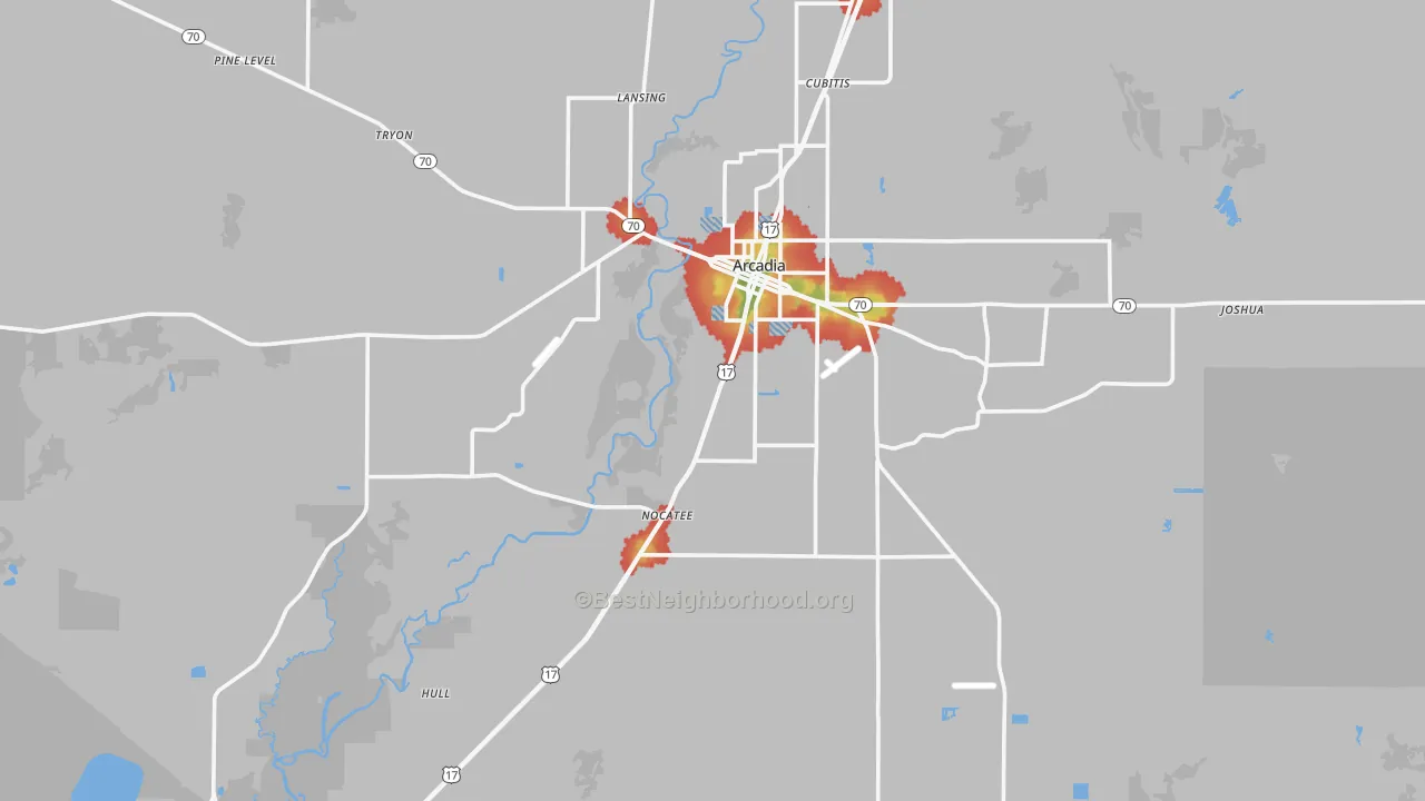Walk Grade map of DeSoto County, FL, walkable areas in green and car-dependent areas in red