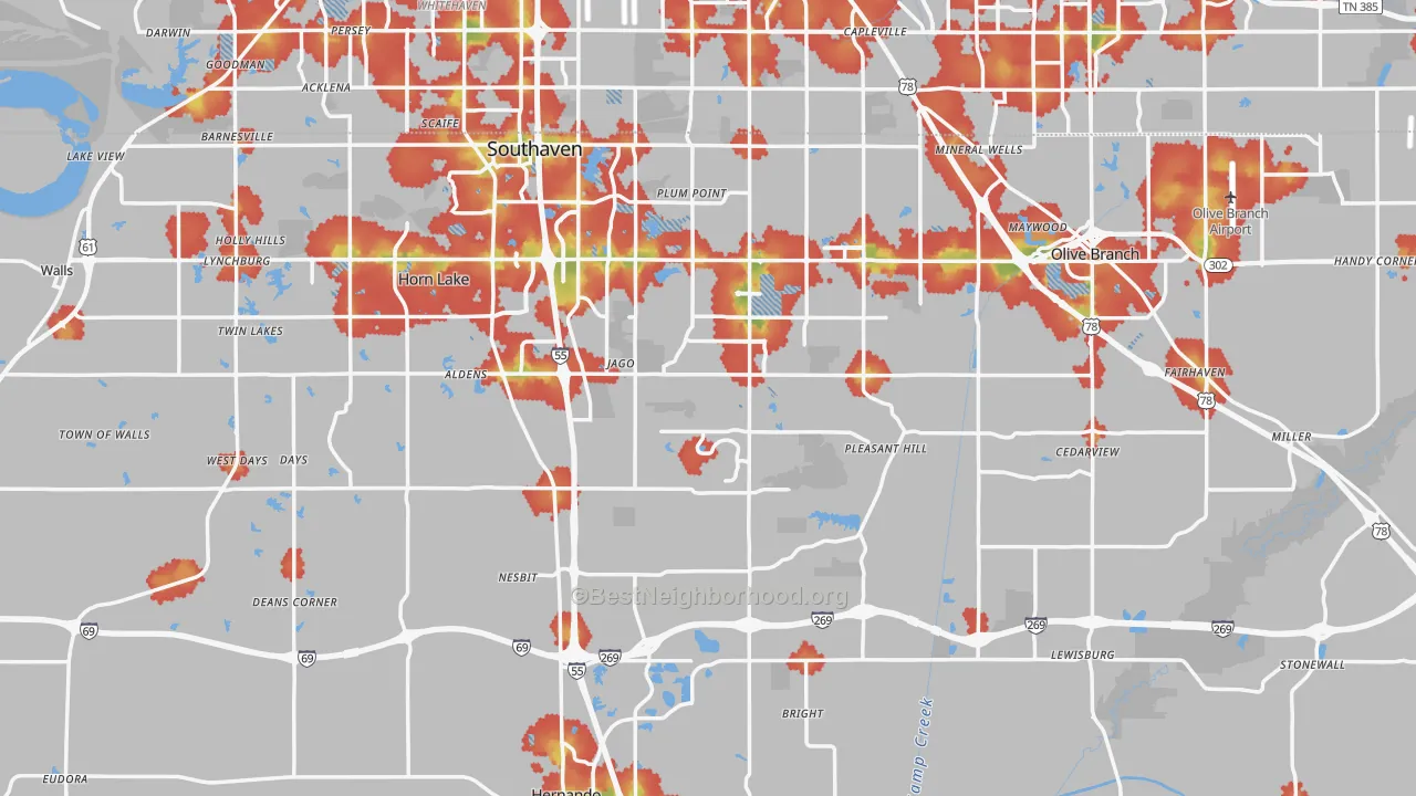 Walk Grade map of DeSoto County, MS, walkable areas in green and car-dependent areas in red