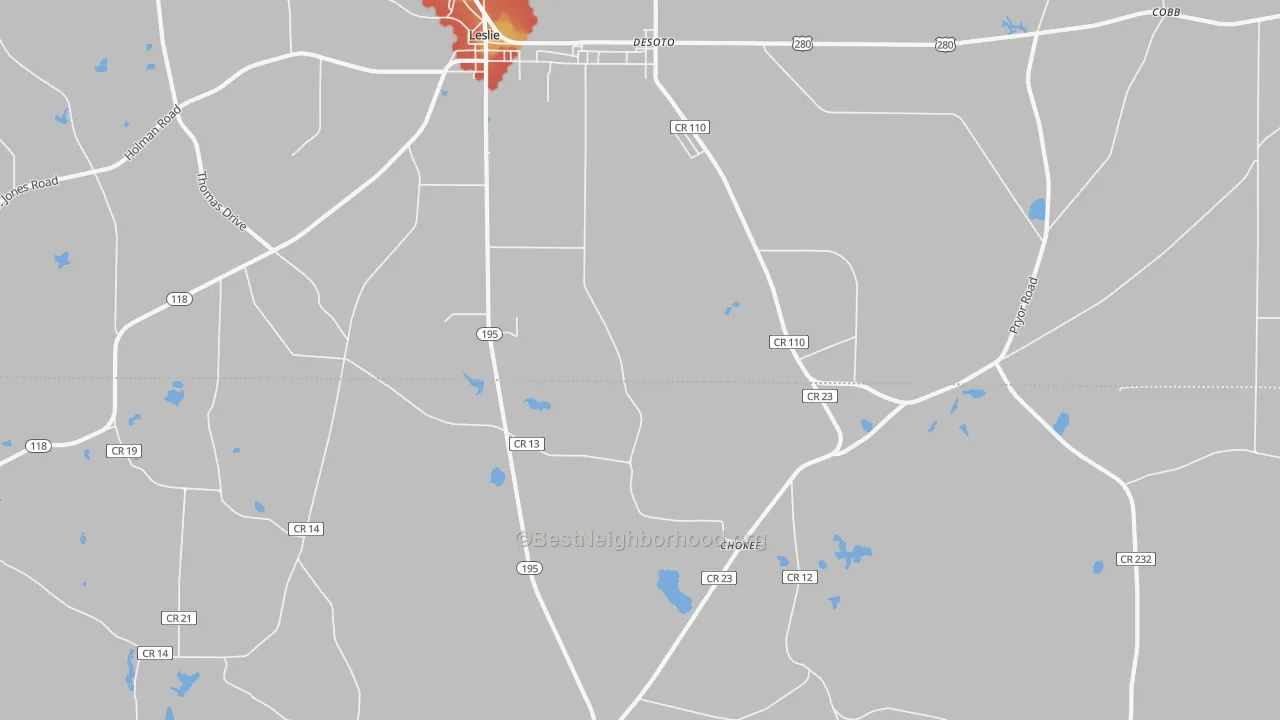 Walk Grade map of DeSoto, GA, walkable areas in green and car-dependent areas in red