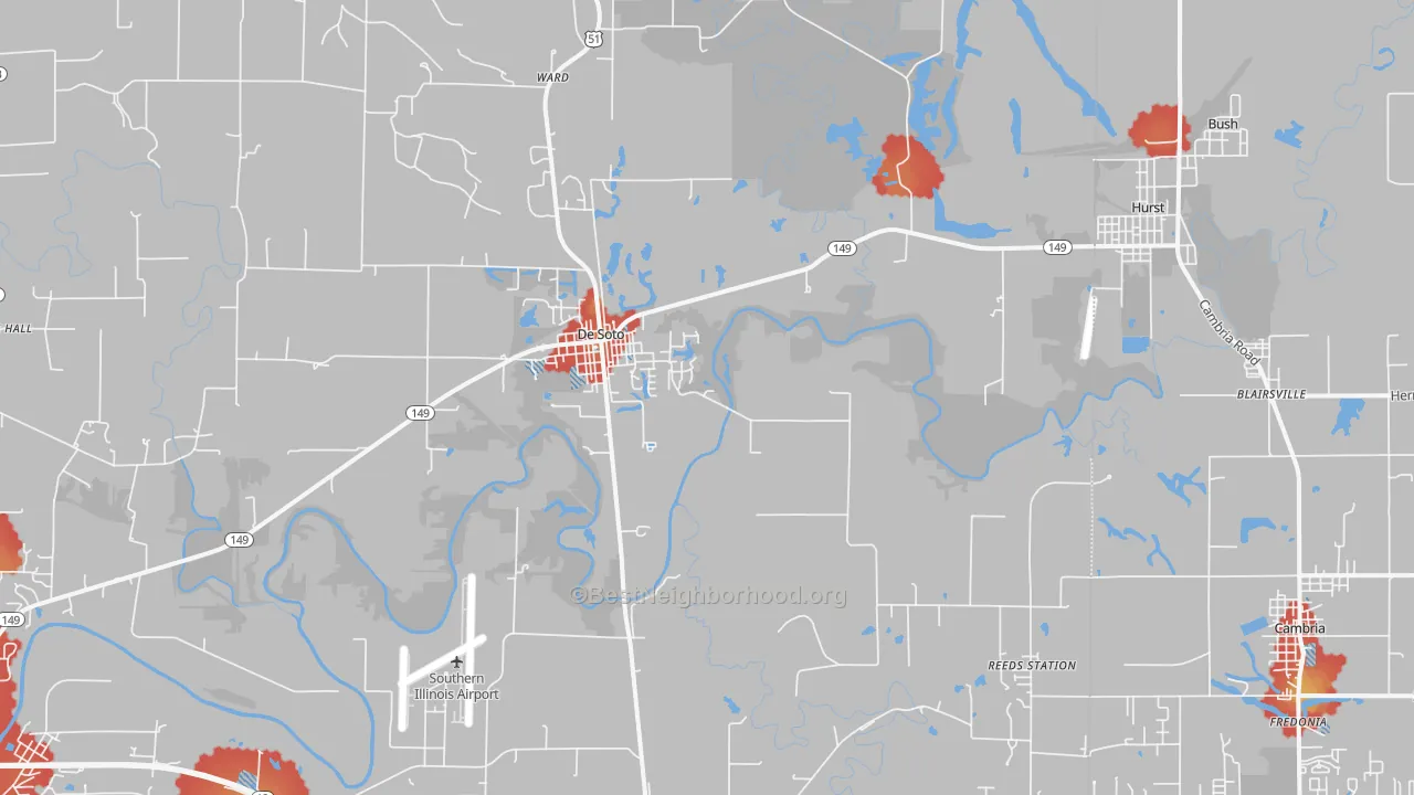 Walk Grade map of DeSoto, IL, walkable areas in green and car-dependent areas in red