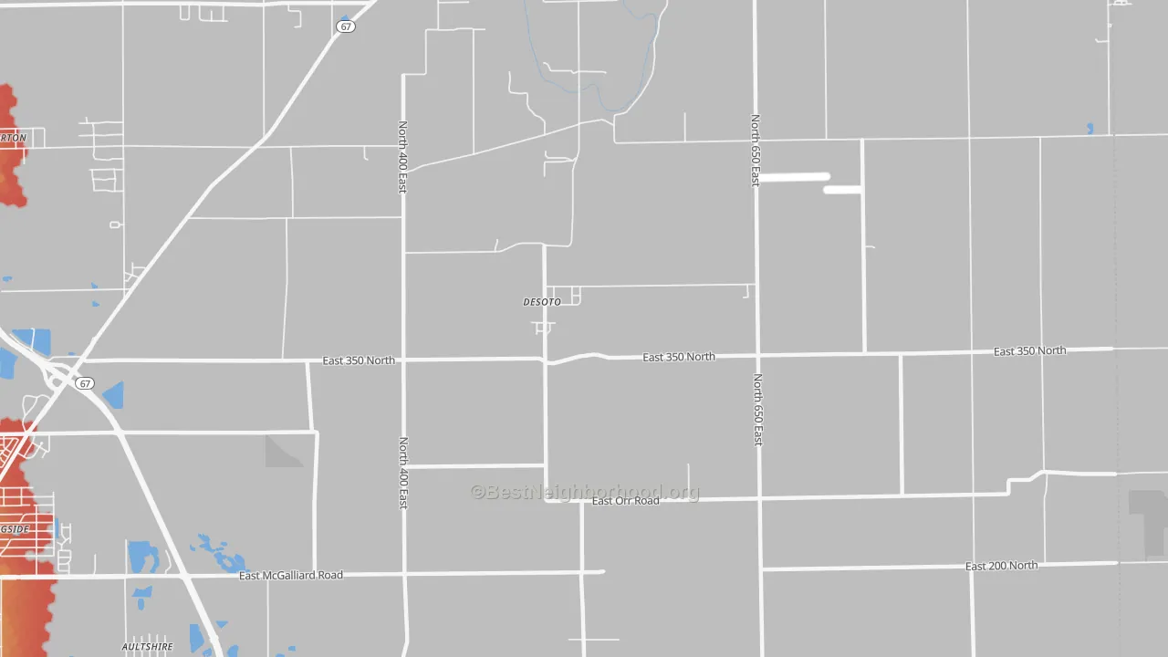 Walk Grade map of DeSoto, IN, walkable areas in green and car-dependent areas in red