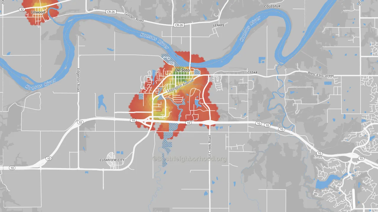 Walk Grade map of DeSoto, KS, walkable areas in green and car-dependent areas in red