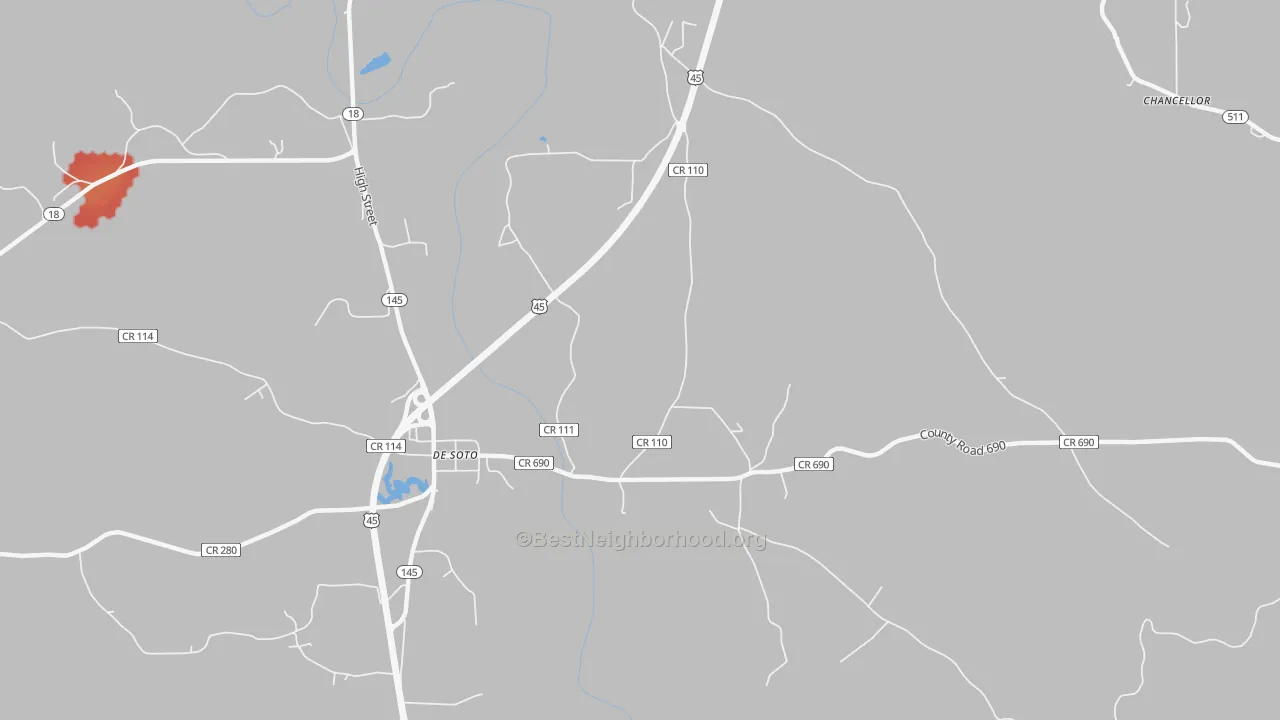Walk Grade map of DeSoto, MS, walkable areas in green and car-dependent areas in red