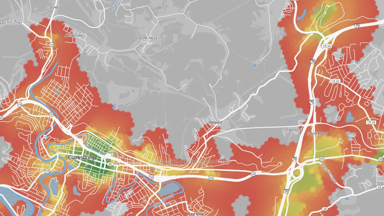 Walk Grade map of Despard, WV, walkable areas in green and car-dependent areas in red