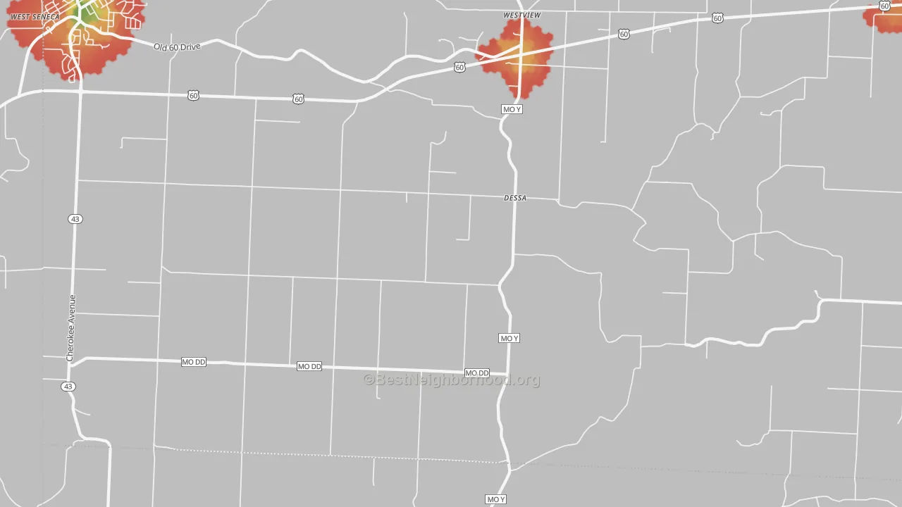 Walk Grade map of Dessa, MO, walkable areas in green and car-dependent areas in red