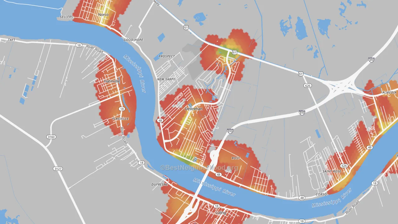 Walk Grade map of Destrehan, LA, walkable areas in green and car-dependent areas in red