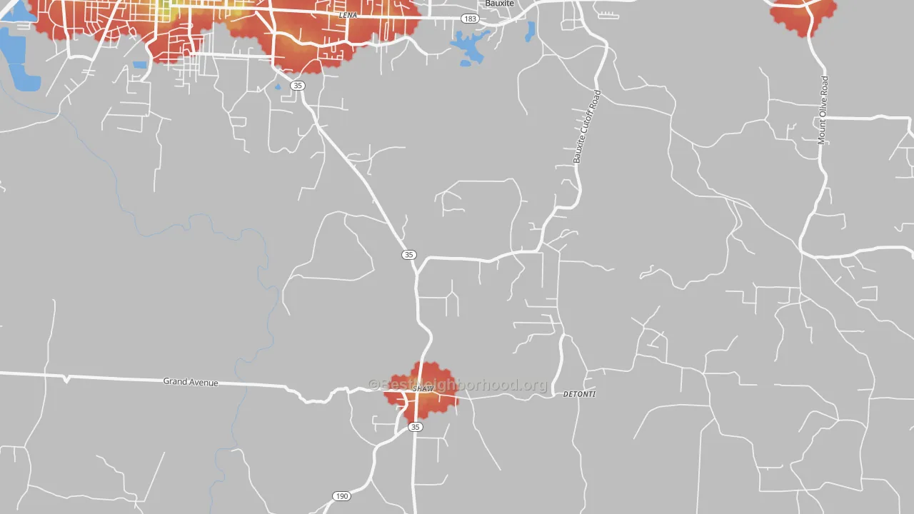 Walk Grade map of Detonti, AR, walkable areas in green and car-dependent areas in red