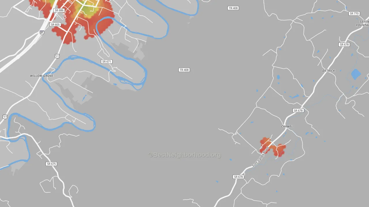 Walk Grade map of Detrick, VA, walkable areas in green and car-dependent areas in red