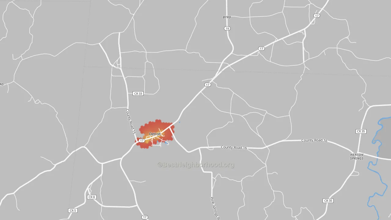 Walk Grade map of Detroit, AL, walkable areas in green and car-dependent areas in red