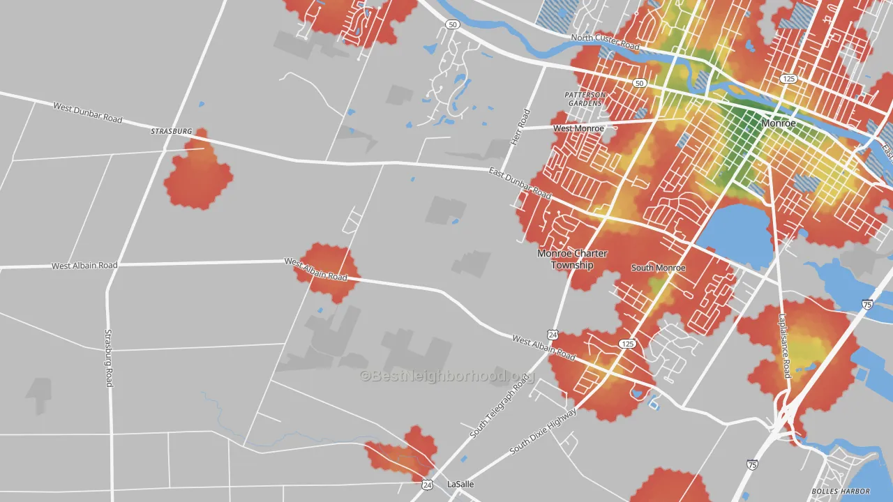 Walk Grade map of Detroit Beach, MI, walkable areas in green and car-dependent areas in red