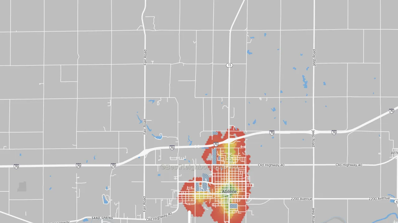 Walk Grade map of Detroit, KS, walkable areas in green and car-dependent areas in red
