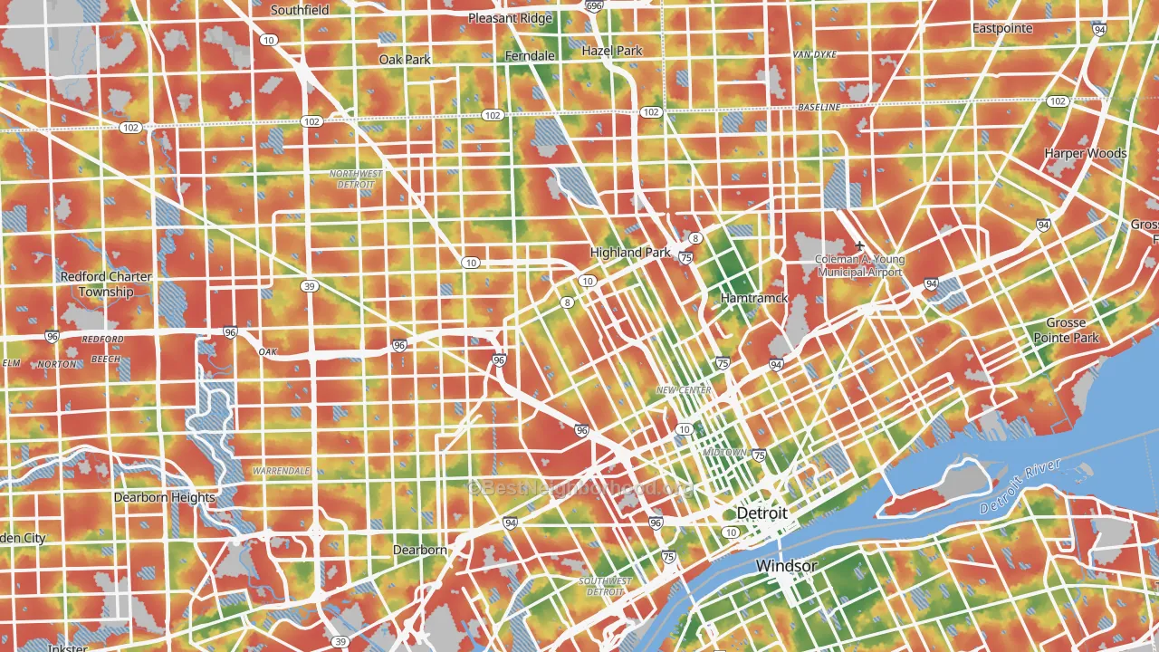 Walk Grade map of Detroit, MI, walkable areas in green and car-dependent areas in red