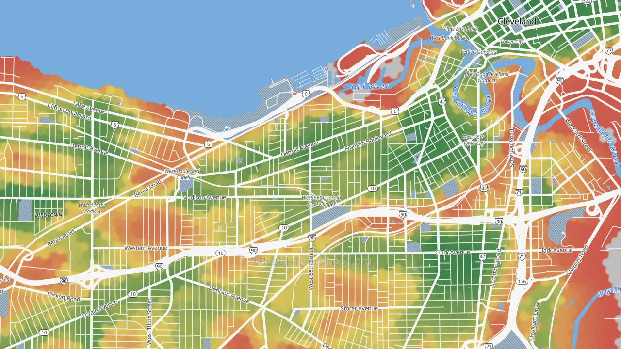 Walk Grade map of Detroit Shoreway, Cleveland, OH, walkable areas in green and car-dependent areas in red