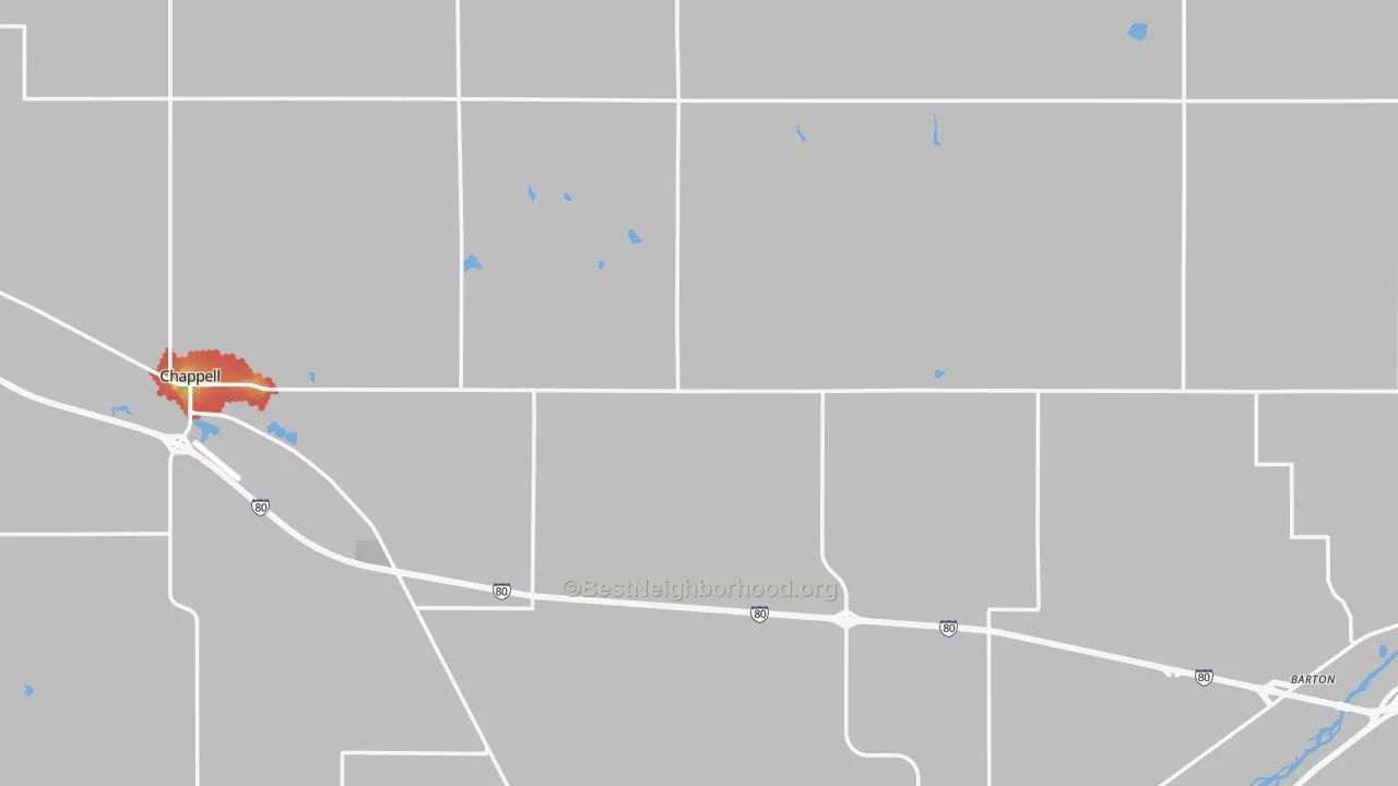 Walk Grade map of Deuel County, NE, walkable areas in green and car-dependent areas in red