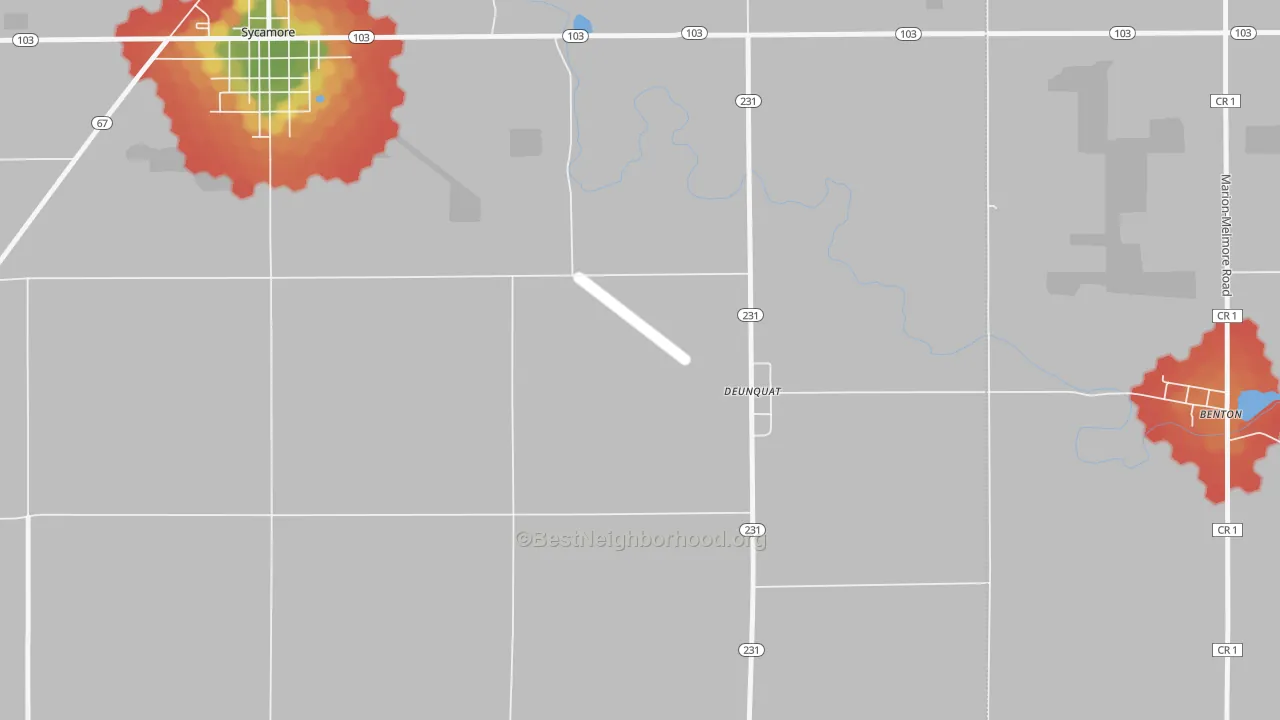Walk Grade map of Deunquat, OH, walkable areas in green and car-dependent areas in red