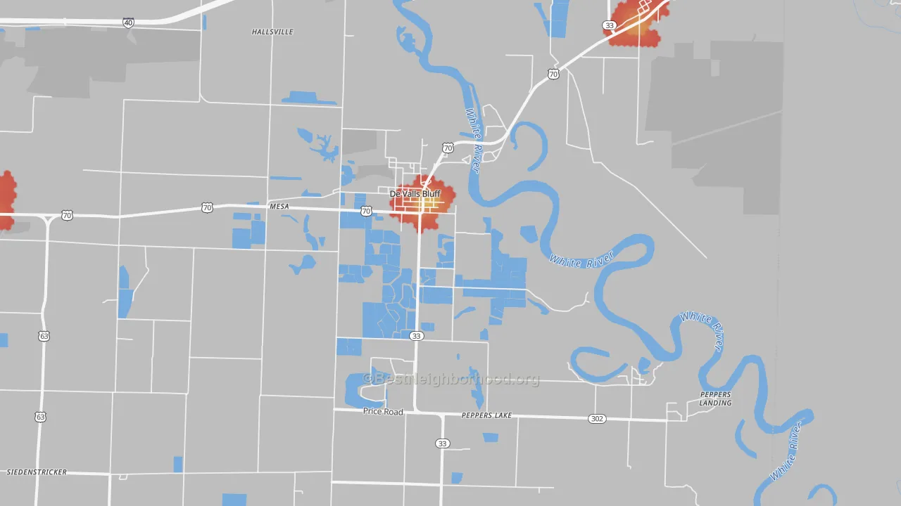 Walk Grade map of DeValls Bluff, AR, walkable areas in green and car-dependent areas in red
