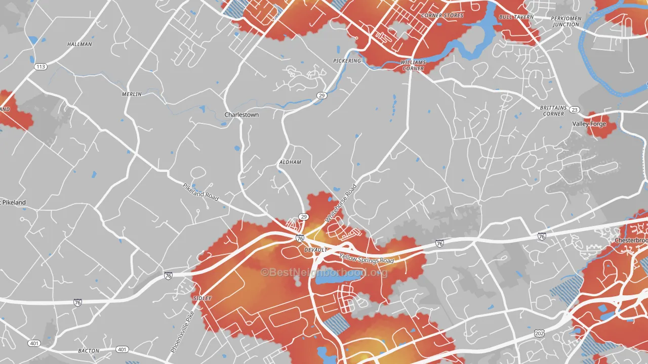 Walk Grade map of Devault, PA, walkable areas in green and car-dependent areas in red