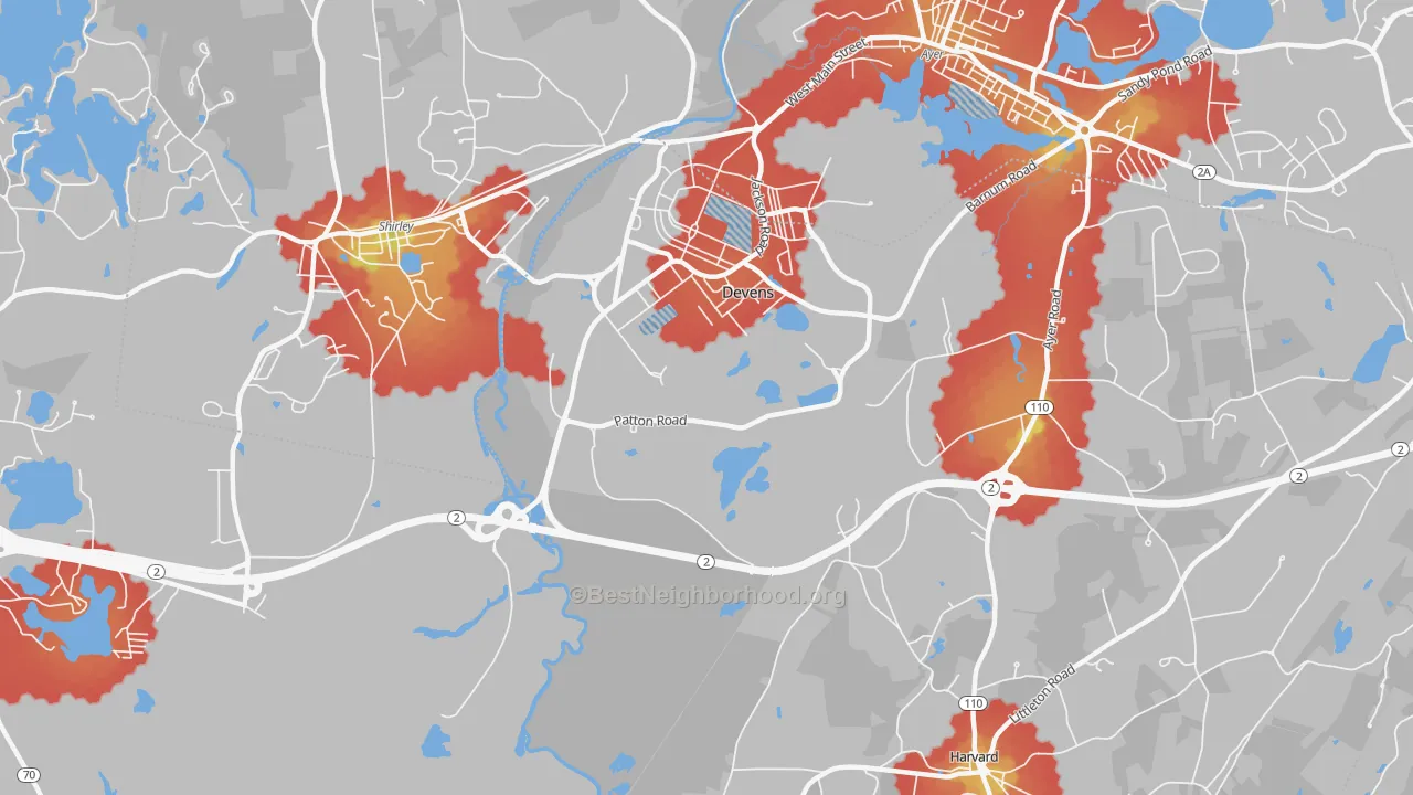 Walk Grade map of Devens, MA, walkable areas in green and car-dependent areas in red