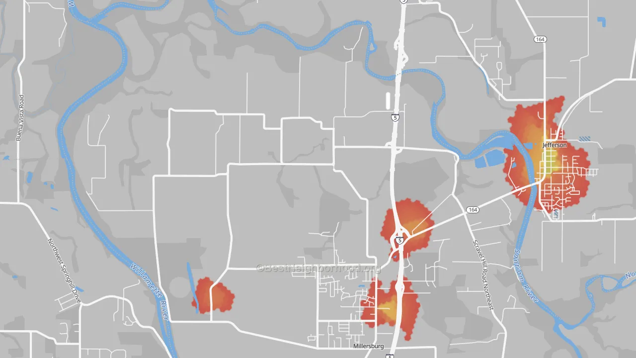 Walk Grade map of Dever, OR, walkable areas in green and car-dependent areas in red