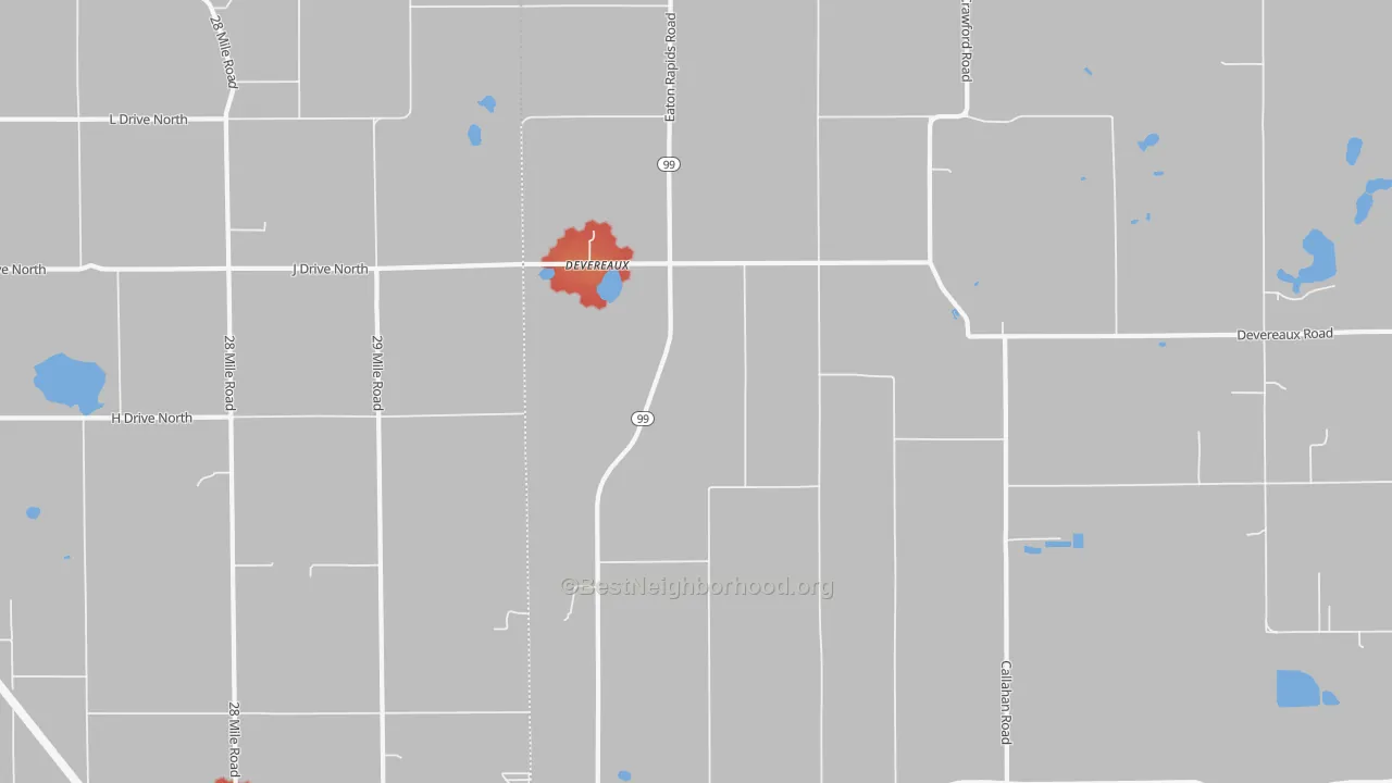 Walk Grade map of Devereaux, MI, walkable areas in green and car-dependent areas in red