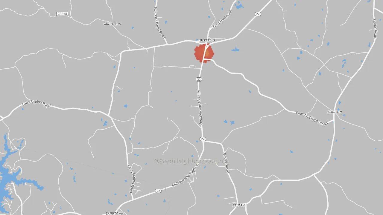 Walk Grade map of Devereux, GA, walkable areas in green and car-dependent areas in red