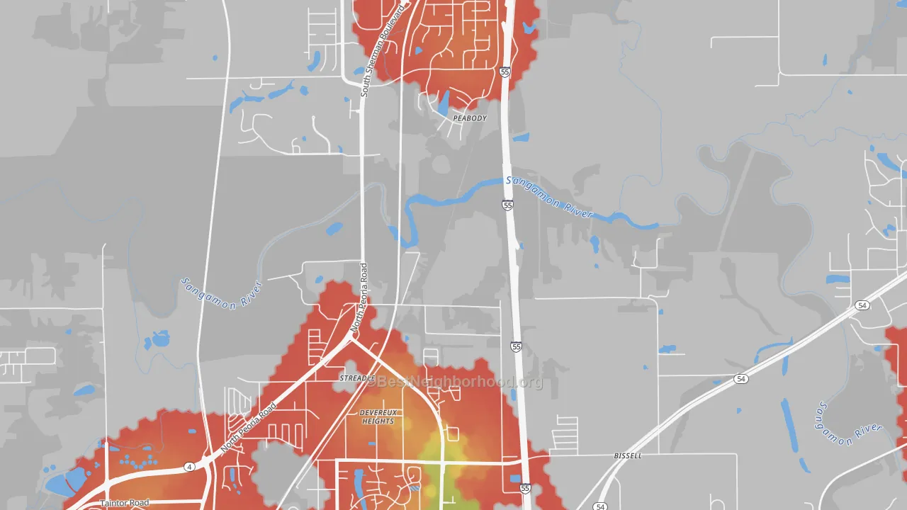 Walk Grade map of Devereux Heights, IL, walkable areas in green and car-dependent areas in red