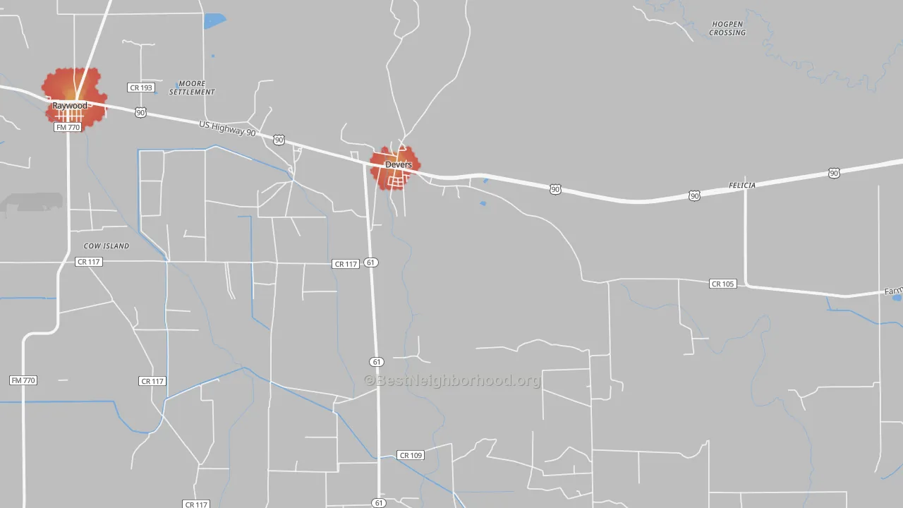 Walk Grade map of Devers, TX, walkable areas in green and car-dependent areas in red
