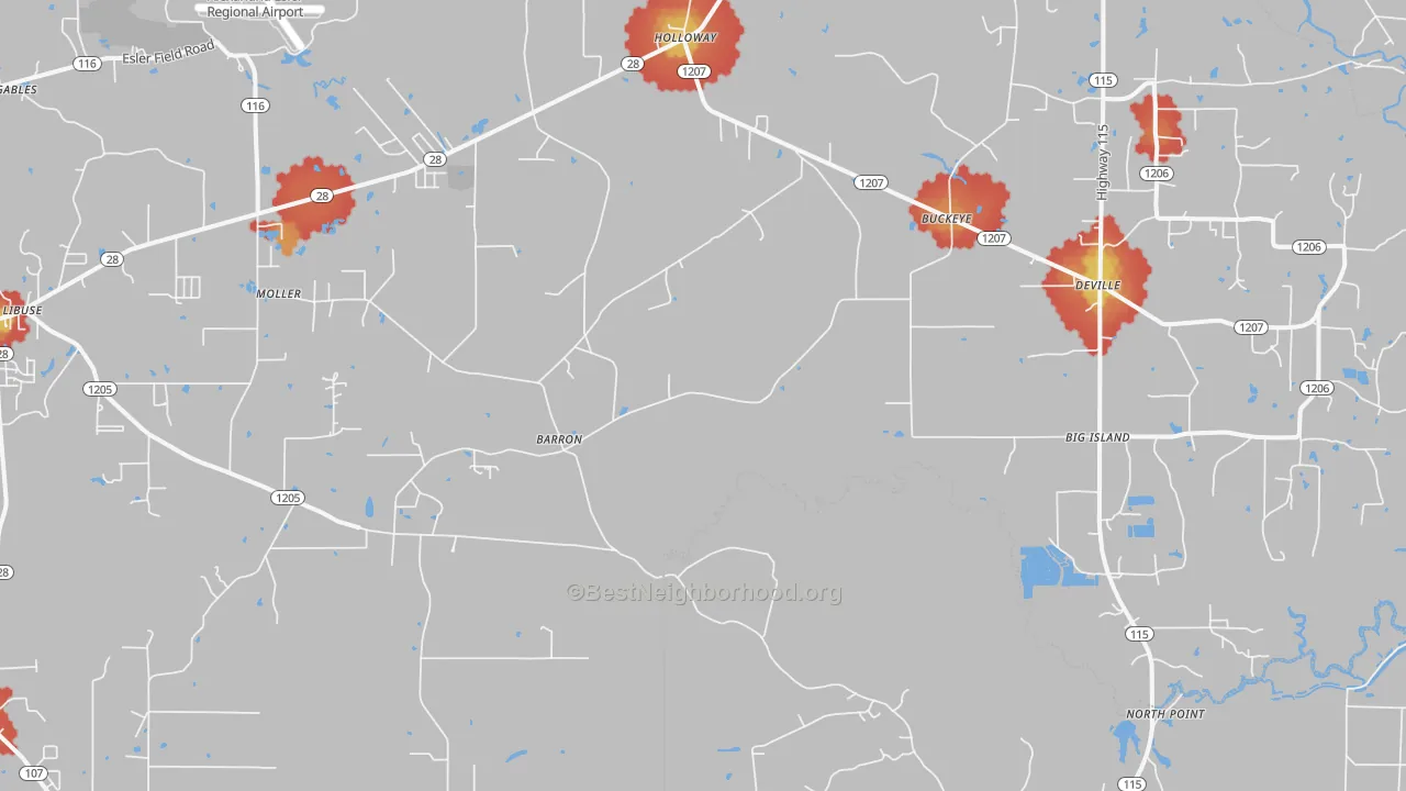 Walk Grade map of Deville, LA, walkable areas in green and car-dependent areas in red