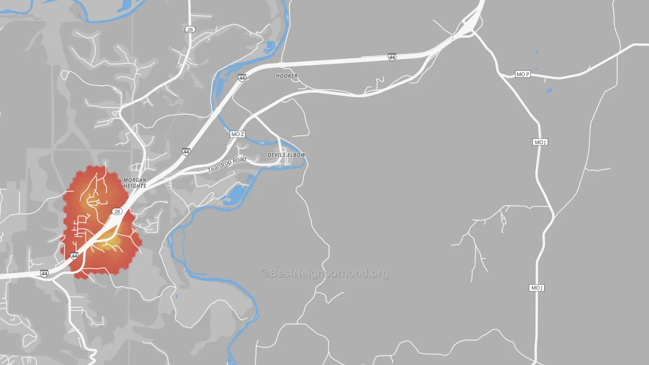 Walk Grade map of Devils Elbow, MO, walkable areas in green and car-dependent areas in red