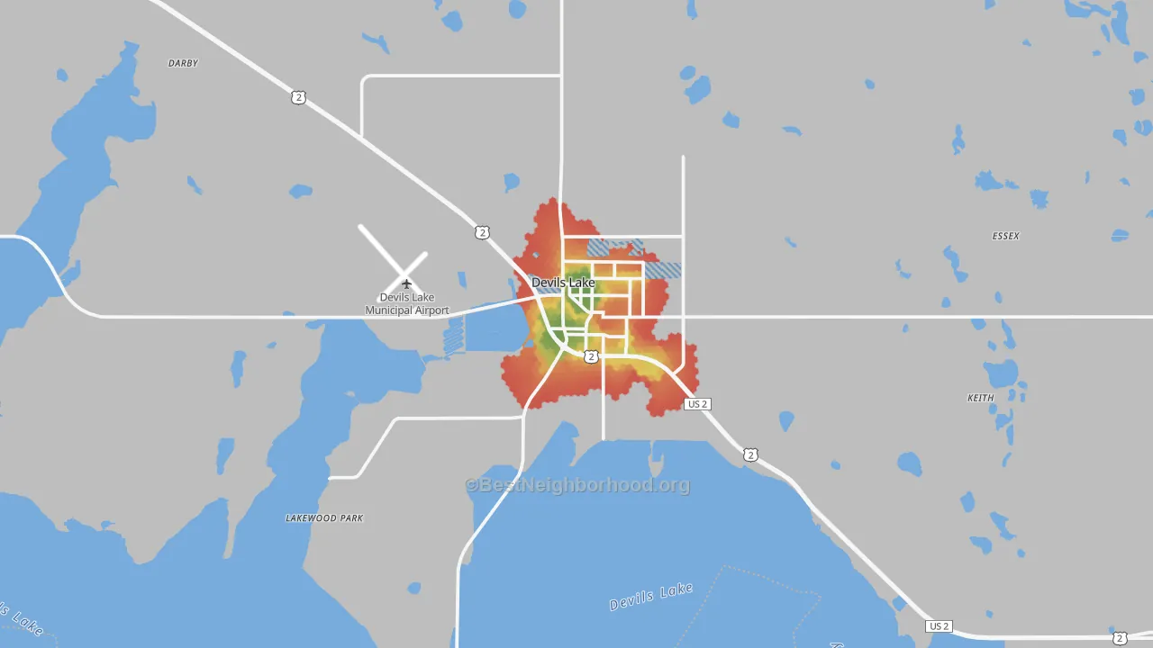Walk Grade map of Devils Lake, ND, walkable areas in green and car-dependent areas in red