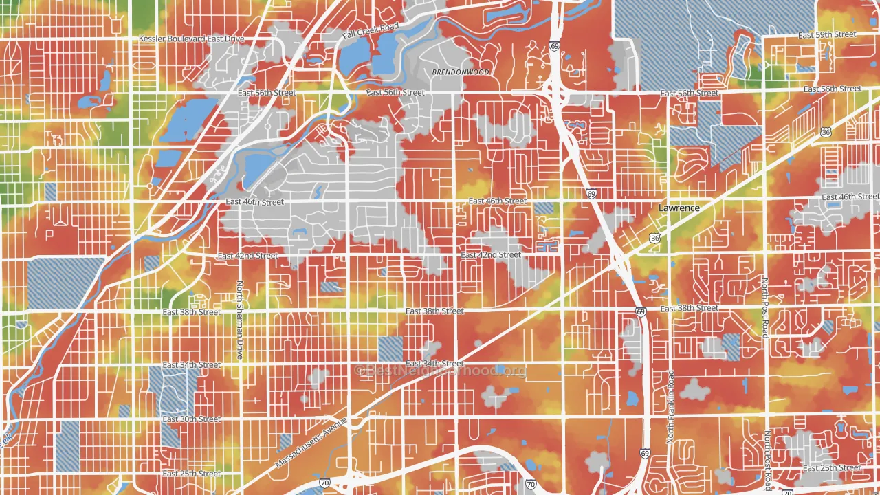 Walk Grade map of Devington, Indianapolis, IN, walkable areas in green and car-dependent areas in red