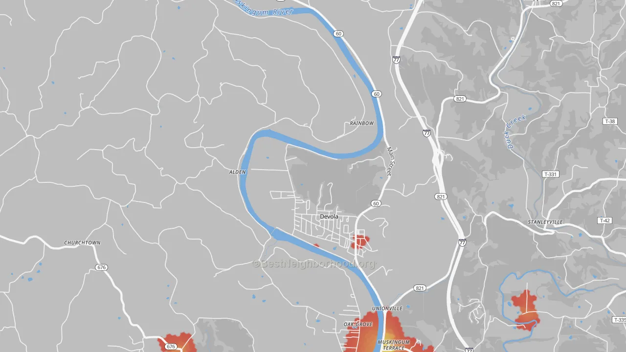 Walk Grade map of Devola, OH, walkable areas in green and car-dependent areas in red