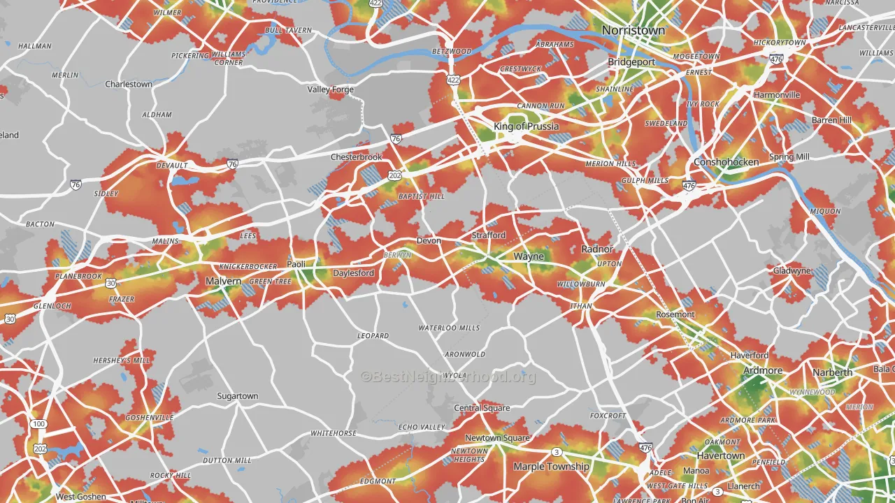 Walk Grade map of Devon, PA, walkable areas in green and car-dependent areas in red