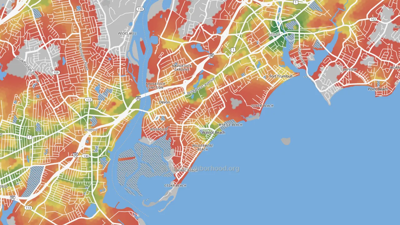 Walk Grade map of Devon-Walnut Beach, Milford, CT, walkable areas in green and car-dependent areas in red