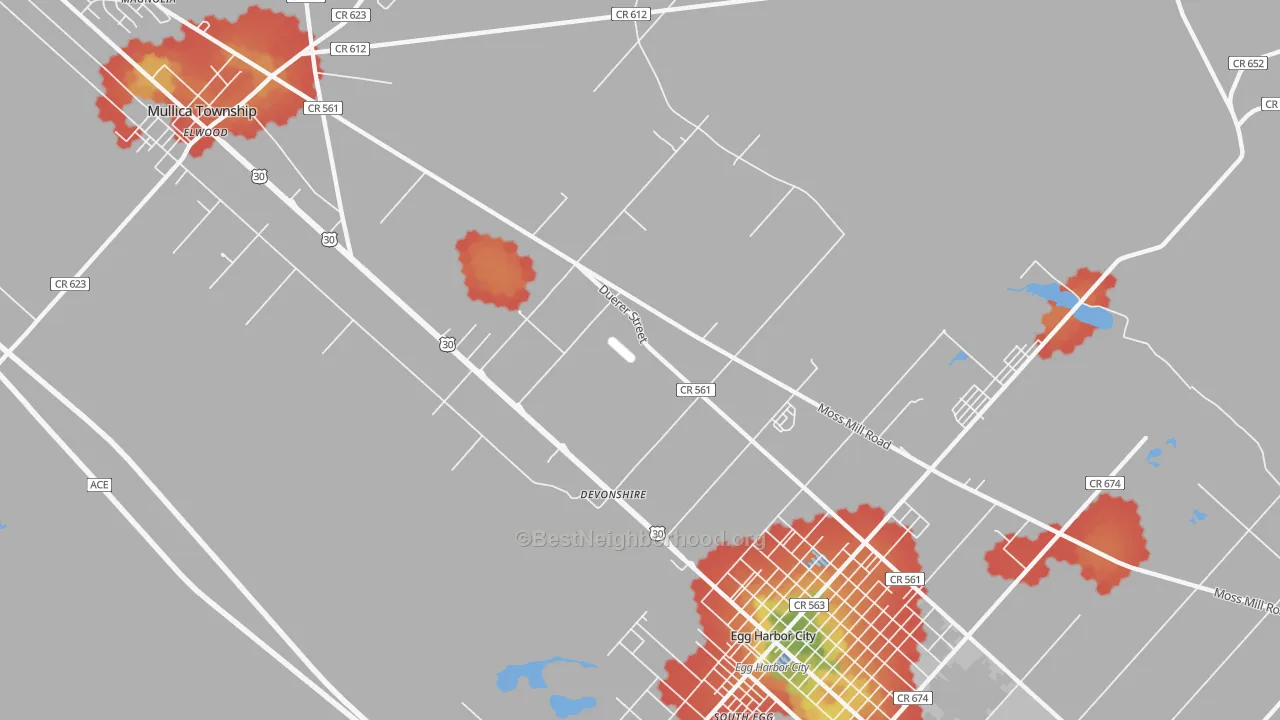 Walk Grade map of Devonshire, NJ, walkable areas in green and car-dependent areas in red