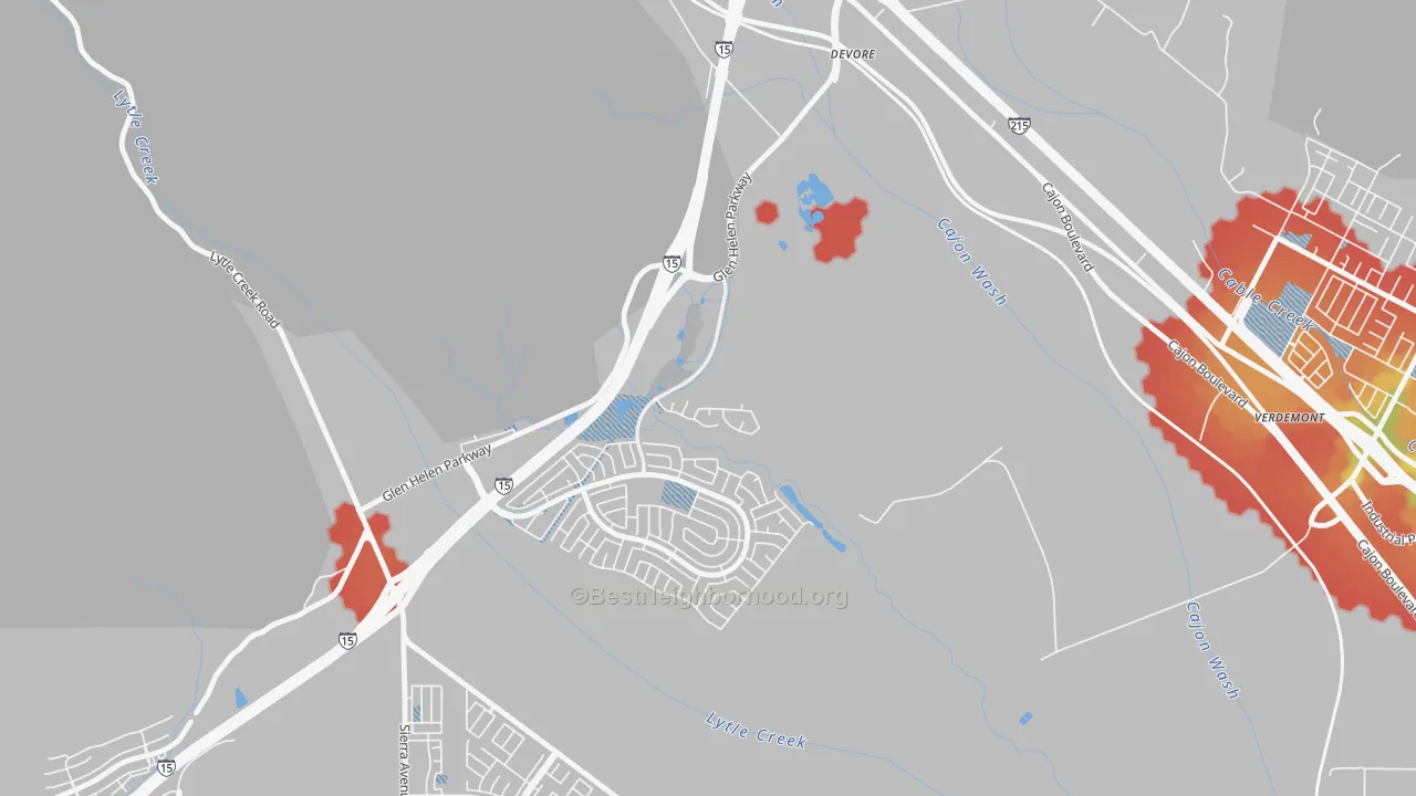 Walk Grade map of Devore, CA, walkable areas in green and car-dependent areas in red