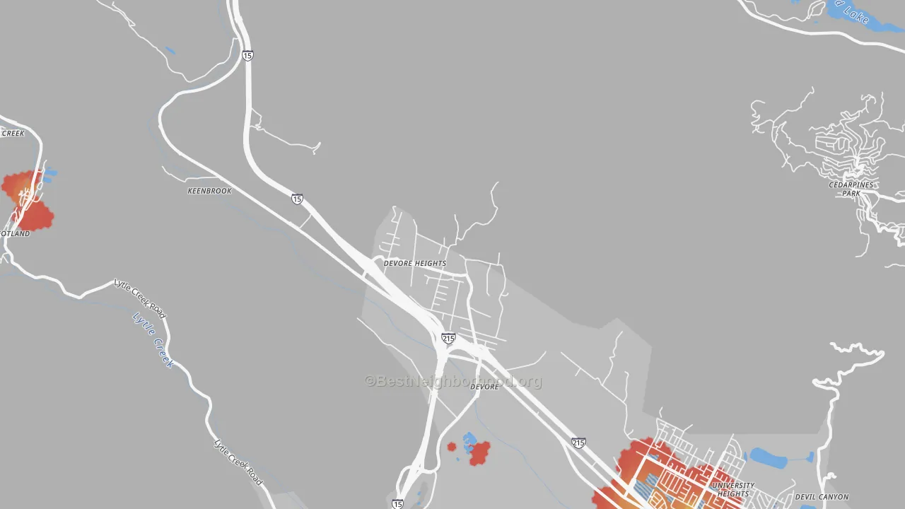 Walk Grade map of Devore Heights, CA, walkable areas in green and car-dependent areas in red
