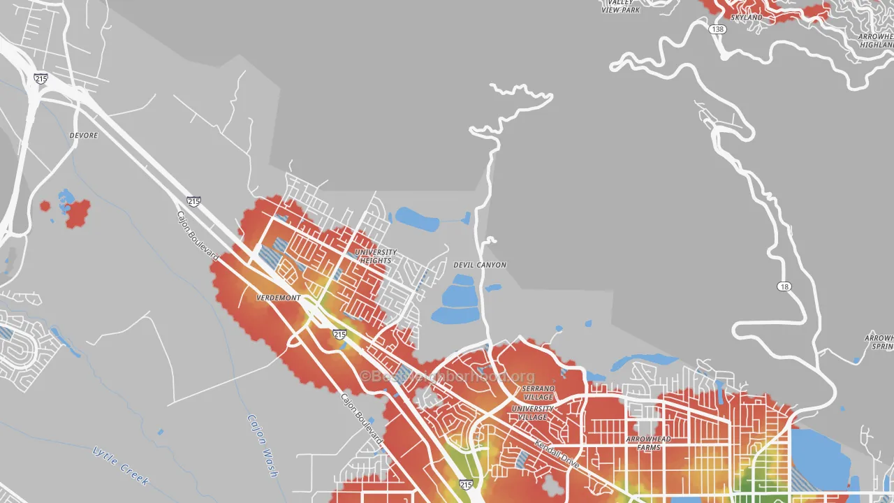 Walk Grade map of Devore Hghts, CA, walkable areas in green and car-dependent areas in red