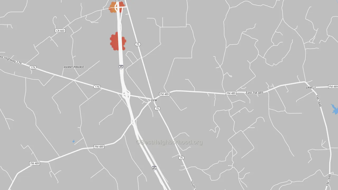 Walk Grade map of Dew, TX, walkable areas in green and car-dependent areas in red