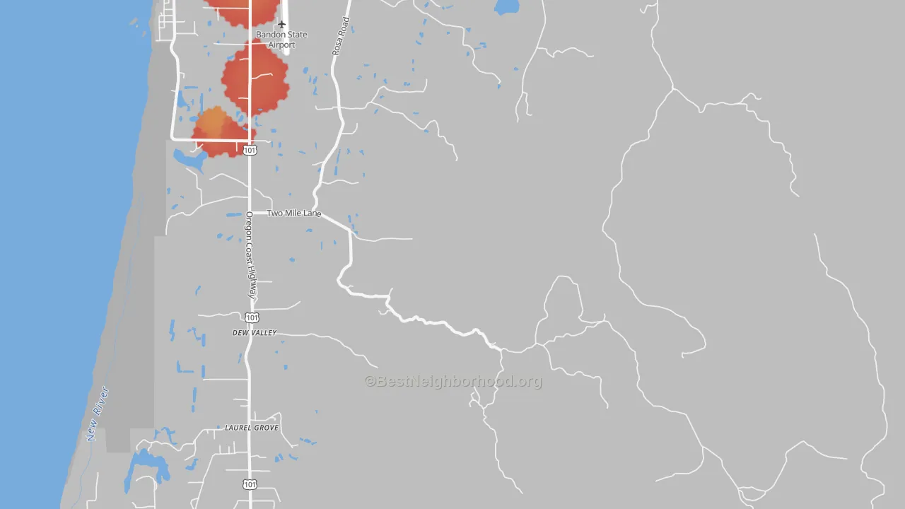 Walk Grade map of Dew Valley, OR, walkable areas in green and car-dependent areas in red