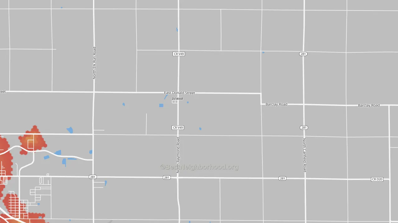 Walk Grade map of Dewar, IA, walkable areas in green and car-dependent areas in red