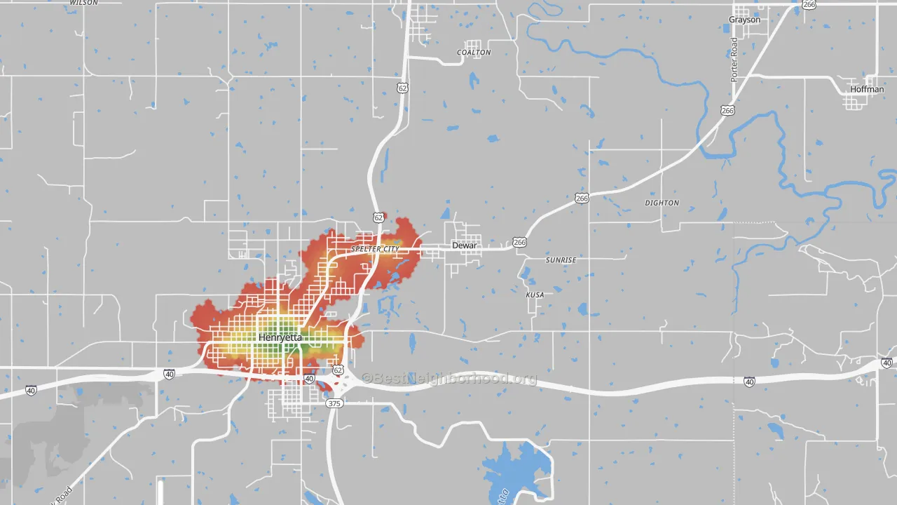 Walk Grade map of Dewar, OK, walkable areas in green and car-dependent areas in red