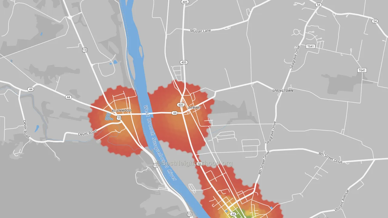Walk Grade map of Dewart, PA, walkable areas in green and car-dependent areas in red