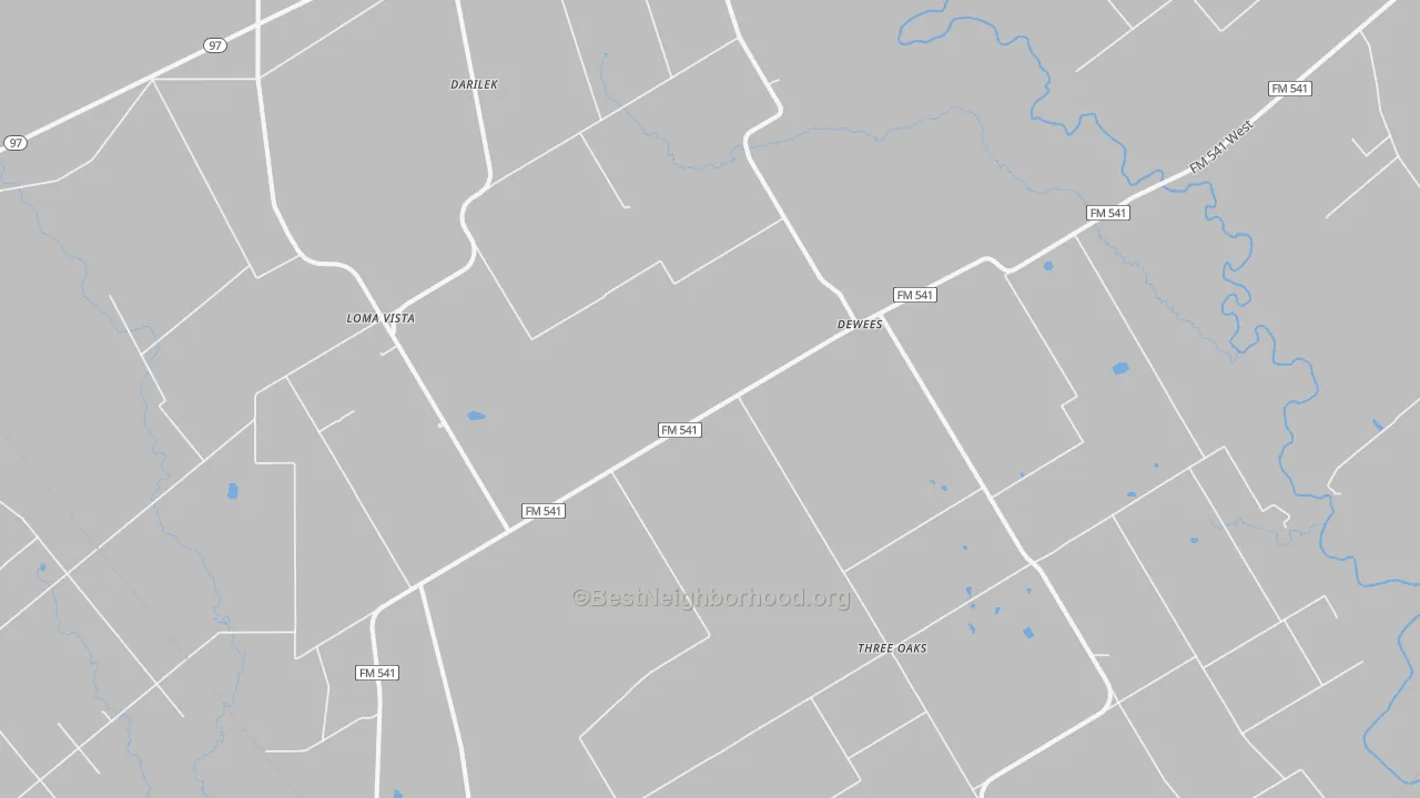 Walk Grade map of Dewees, TX, walkable areas in green and car-dependent areas in red