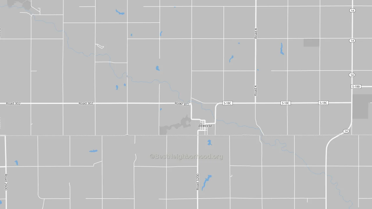 Walk Grade map of Deweese, NE, walkable areas in green and car-dependent areas in red