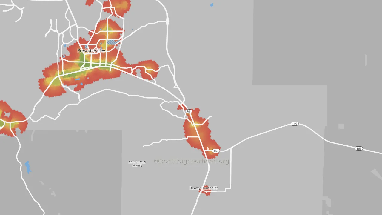 Walk Grade map of Dewey, AZ, walkable areas in green and car-dependent areas in red