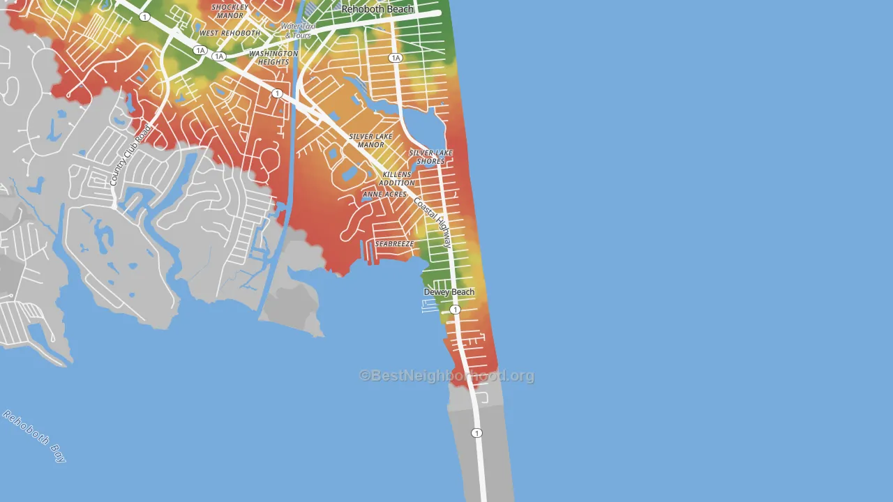 Walk Grade map of Dewey Beach, DE, walkable areas in green and car-dependent areas in red