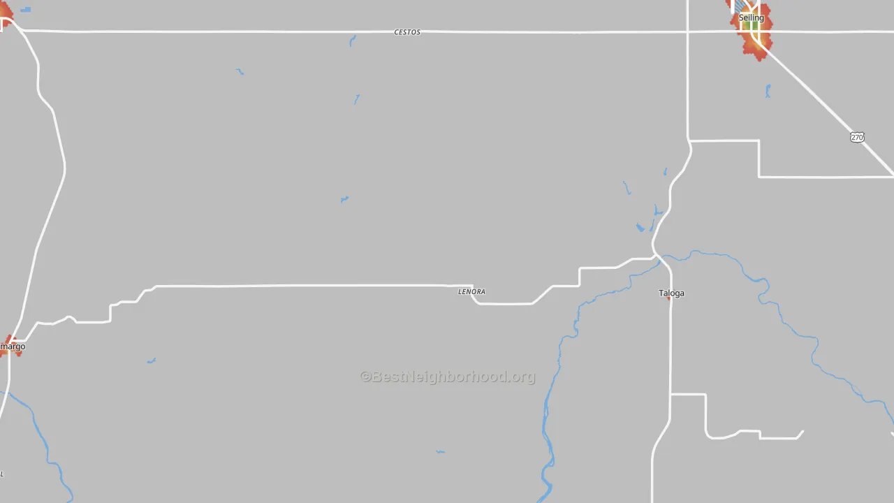Walk Grade map of Dewey County, OK, walkable areas in green and car-dependent areas in red
